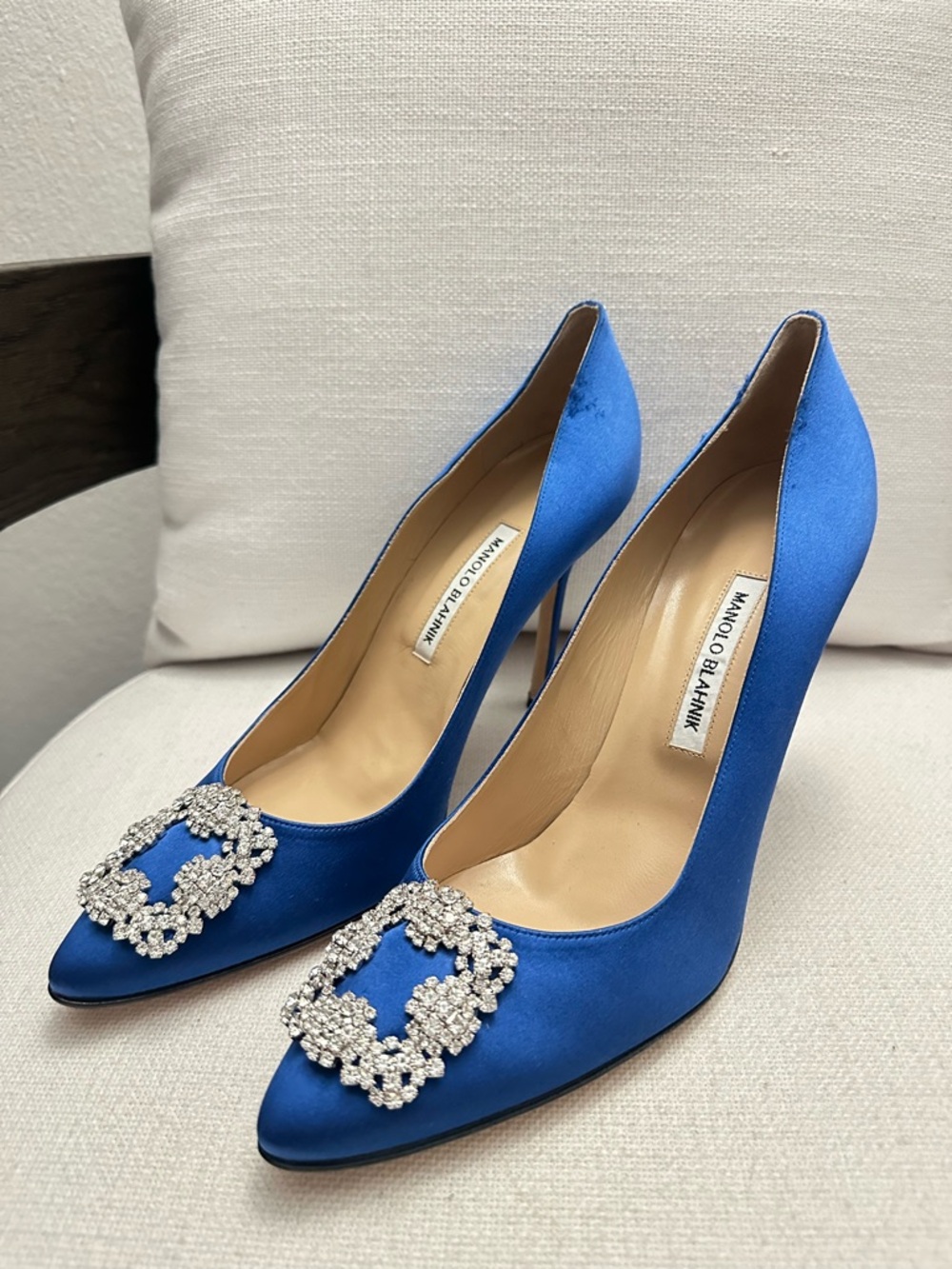 Manolo Blahnik Royal Blue Satin Crystal-Buckle Pumps